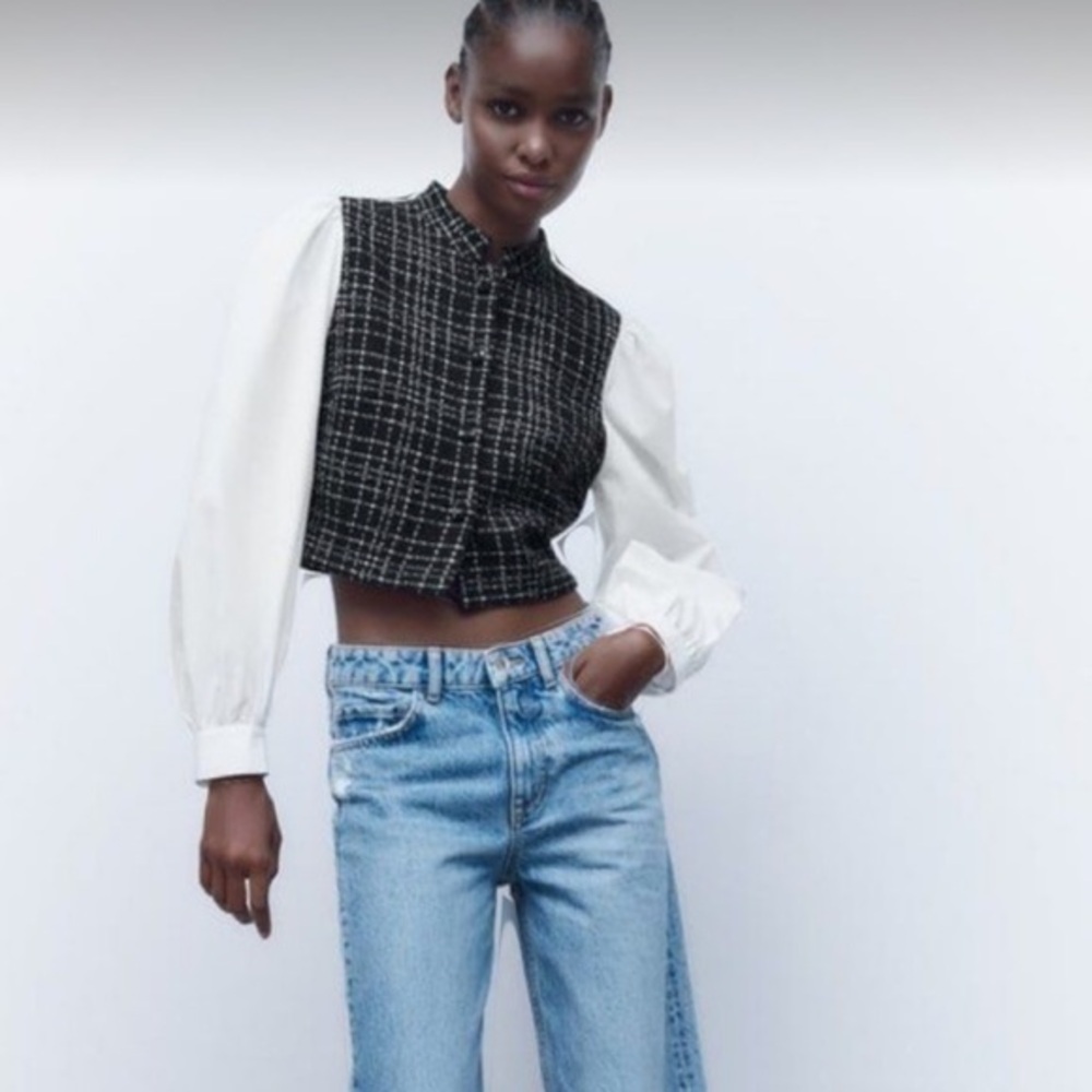 Zara NWT contrast tweed top black white